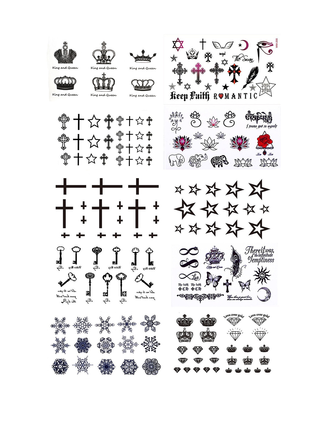 

S.A.V.I. 10 Sheets Small Crowns Keys Snowflakes Diamonds Temporary Tattoo Stickers, Black