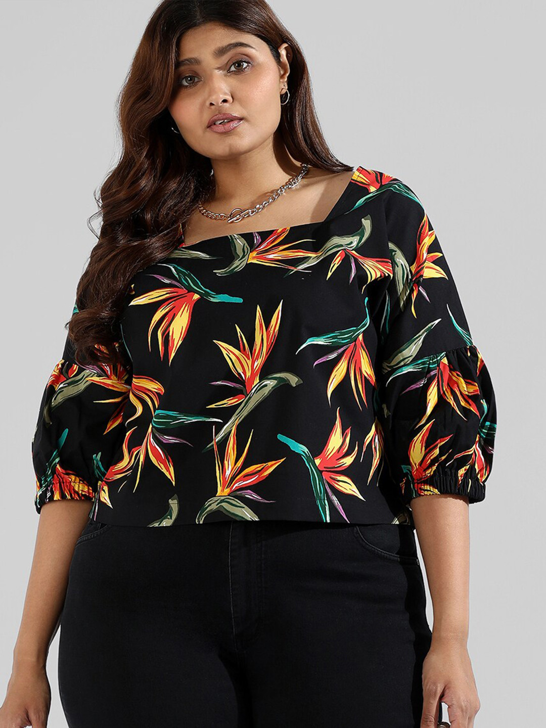 

Instafab Plus Women Plus Size Tropical Print Top, Black