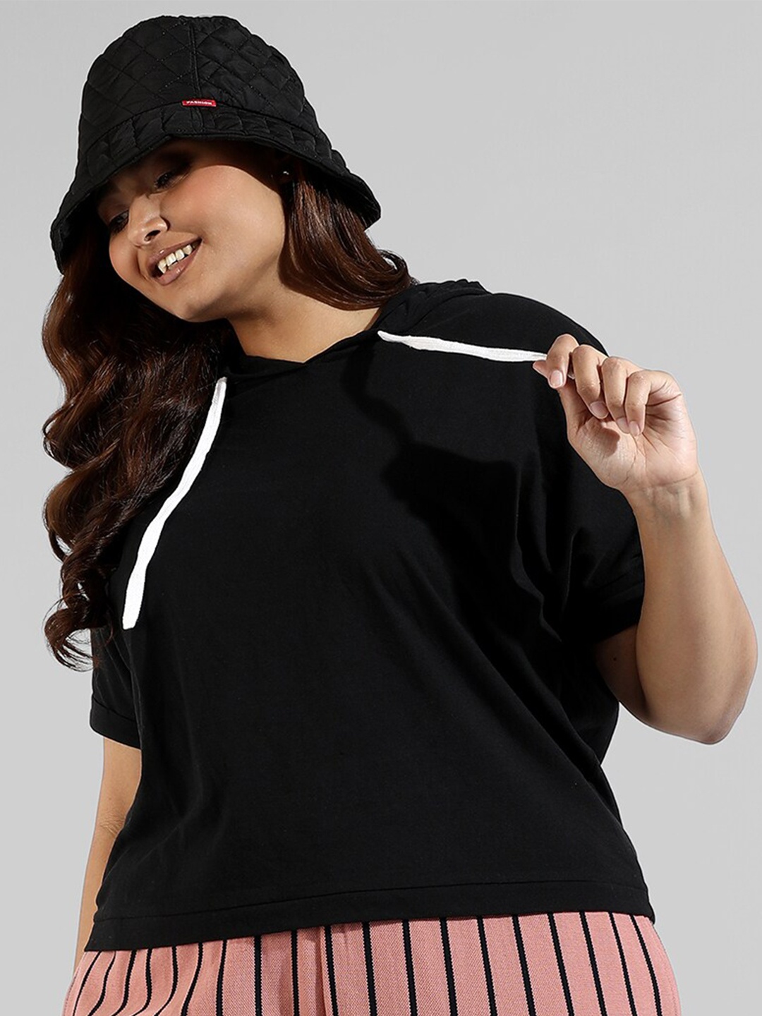 

Instafab Plus Plus Size Hooded Cotton Top, Black