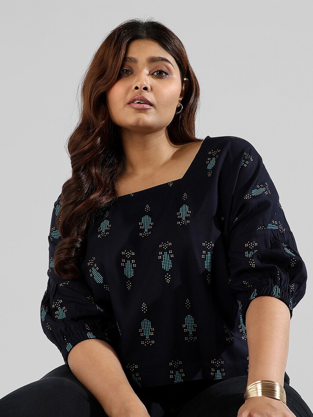 

Instafab Plus Plus Size Printed Cotton Top, Navy blue