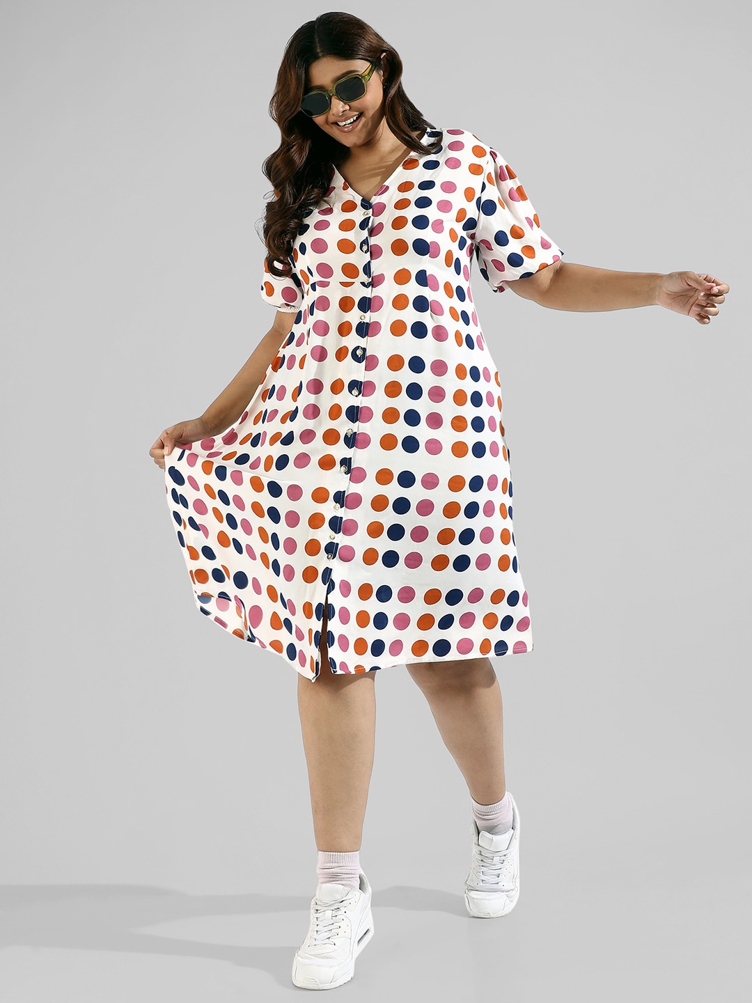 

Instafab Plus Plus Size Polka Dots A-Line Midi Dress, Blue