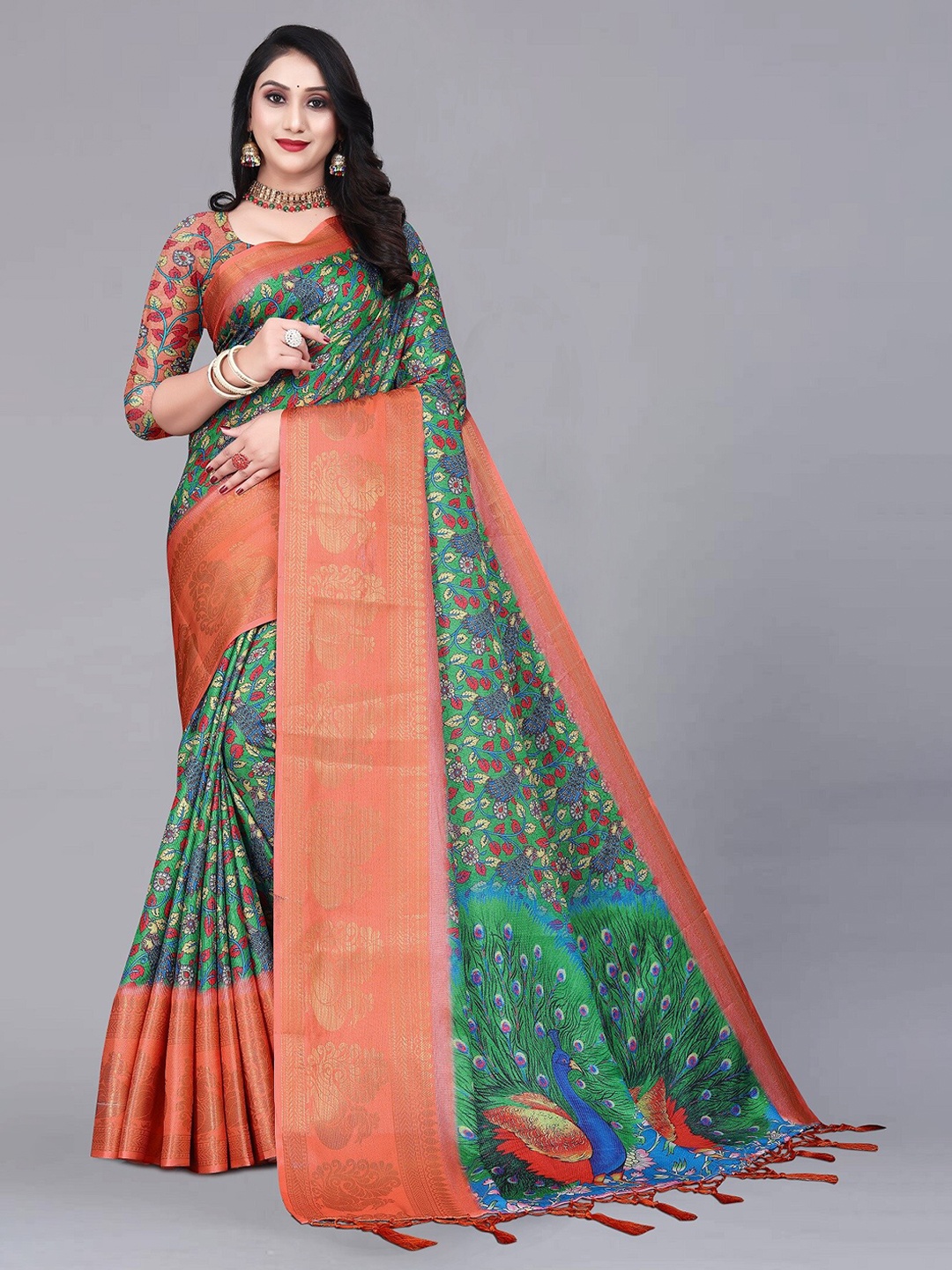 

ZIKARAA Floral Zari Pure Silk Banarasi Saree, Orange