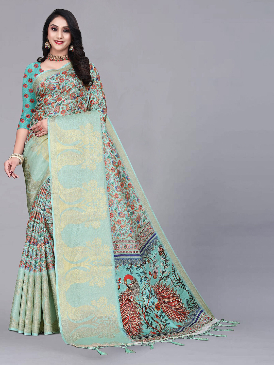 

ZIKARAA Floral Zari Pure Silk Banarasi Saree, Olive