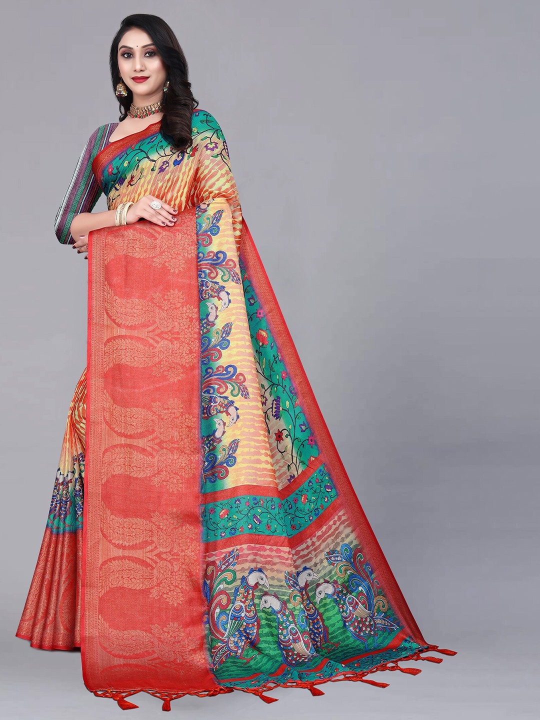 

ZIKARAA Floral Zari Pure Silk Banarasi Saree, Red