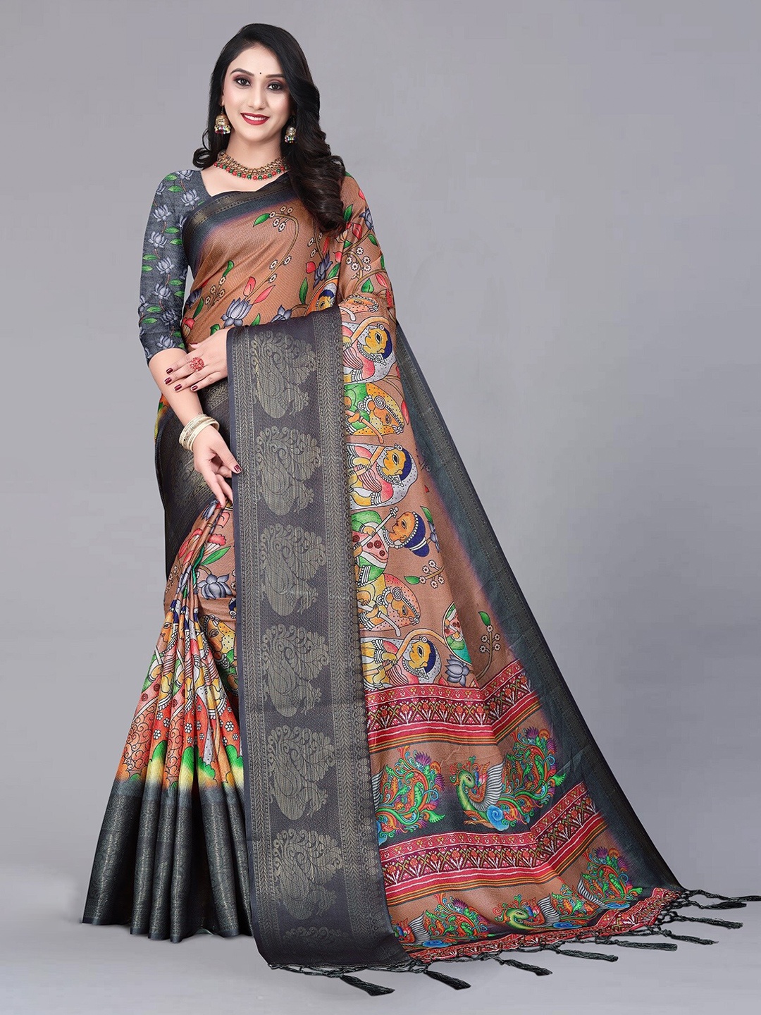 

ZIKARAA Floral Zari Pure Silk Banarasi Saree, Brown