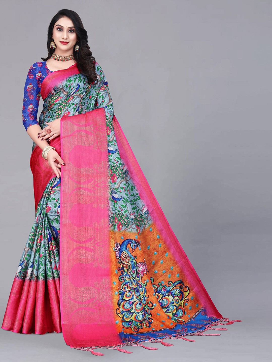 

ZIKARAA Floral Zari Pure Silk Banarasi Saree, Pink