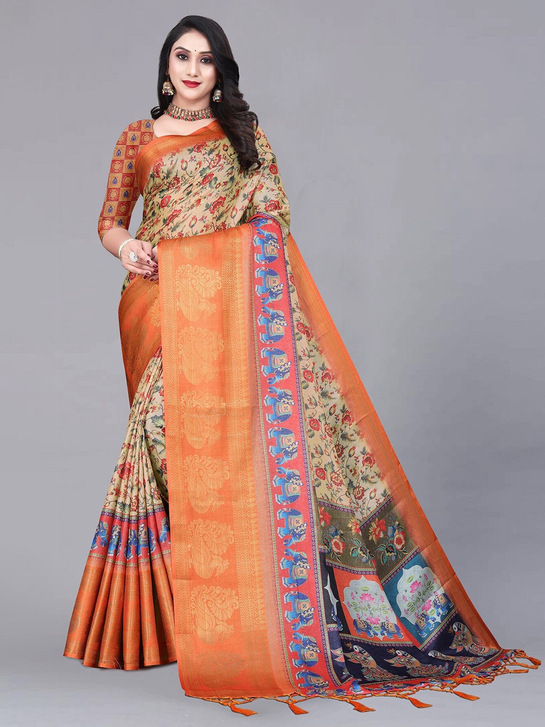 

ZIKARAA Floral Zari Pure Silk Banarasi Saree, Orange