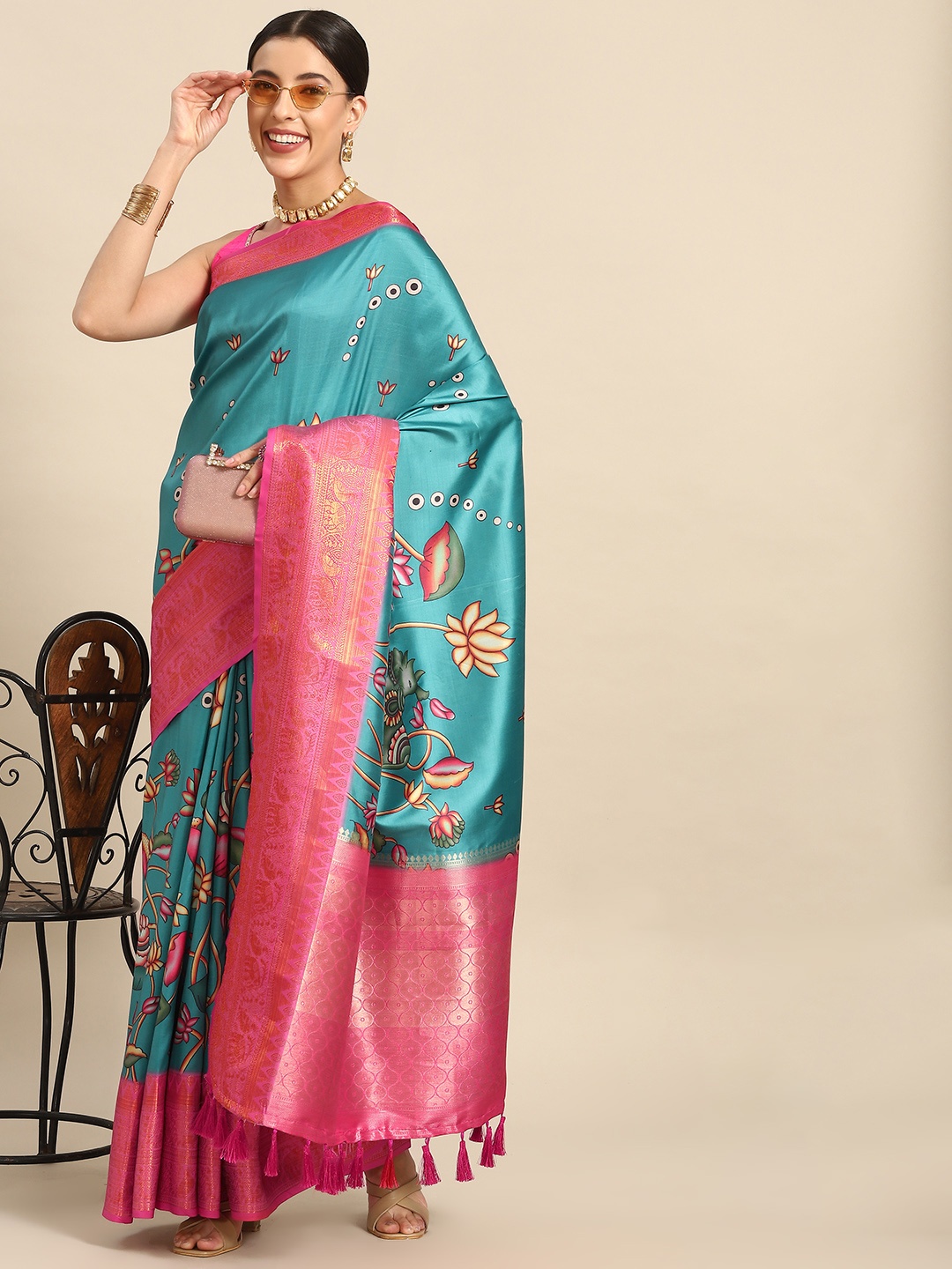 

Silk Land Kalamkari Kanjeewaram Art Silk Zari Woven Digital Print saree, Blue
