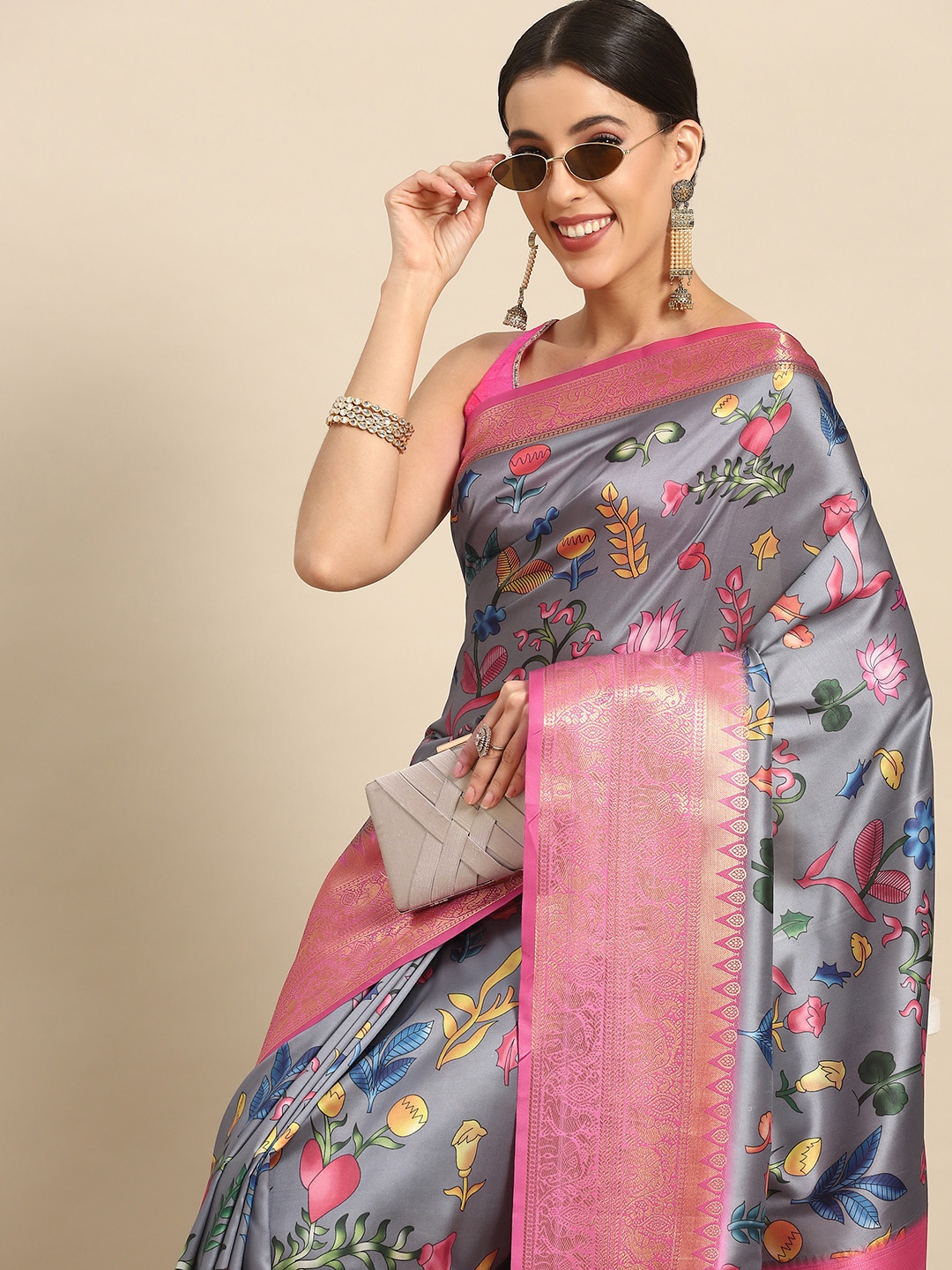 

Silk Land Kalamkari Kanjeewaram Art Silk Zari Woven Digital Print saree, Grey