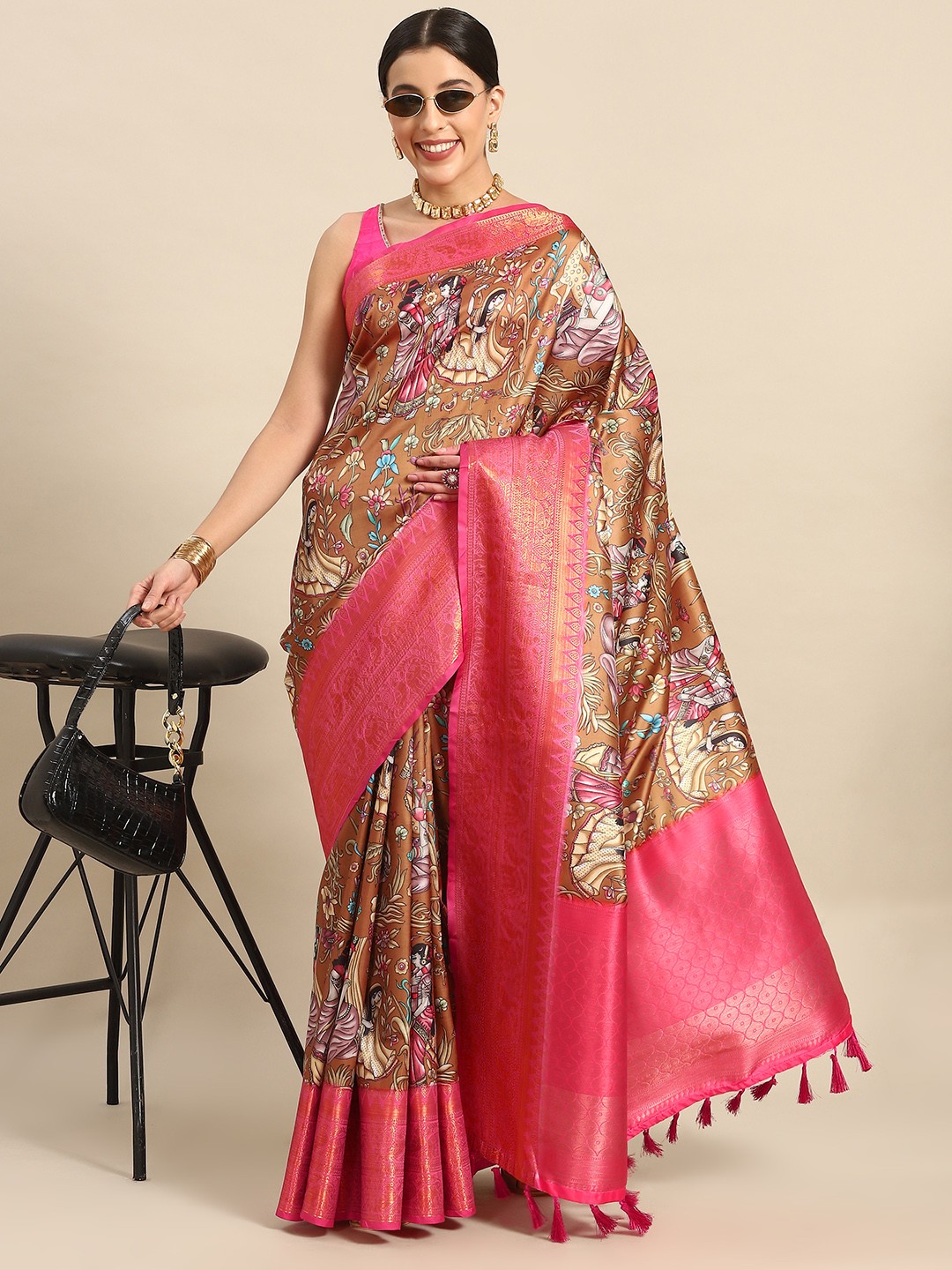 

Silk Land Kalamkari Kanjeewaram Art Silk Zari Woven Digital Print saree, Brown