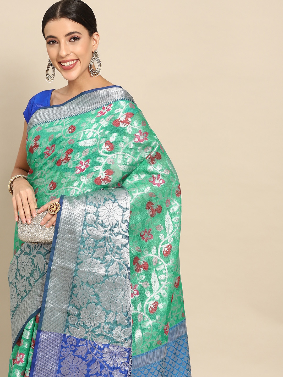 

Silk Land Floral Zari Brocade Mysore Silk Saree, Sea green