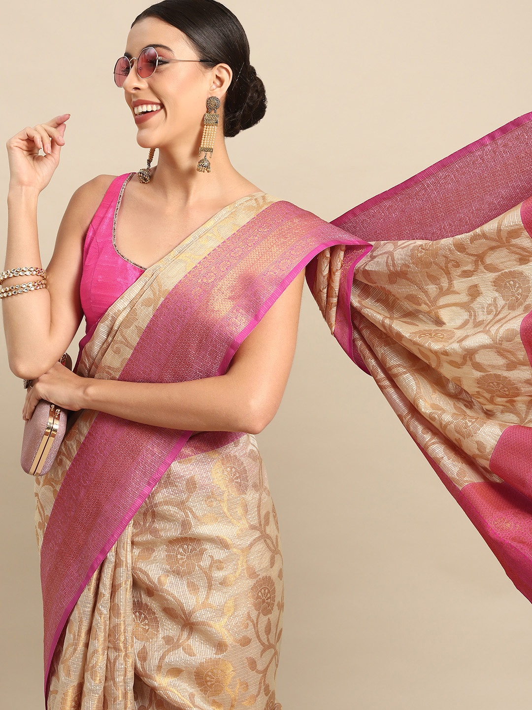

Silk Land Floral Zari Tissue Mysore Silk Saree, Pink