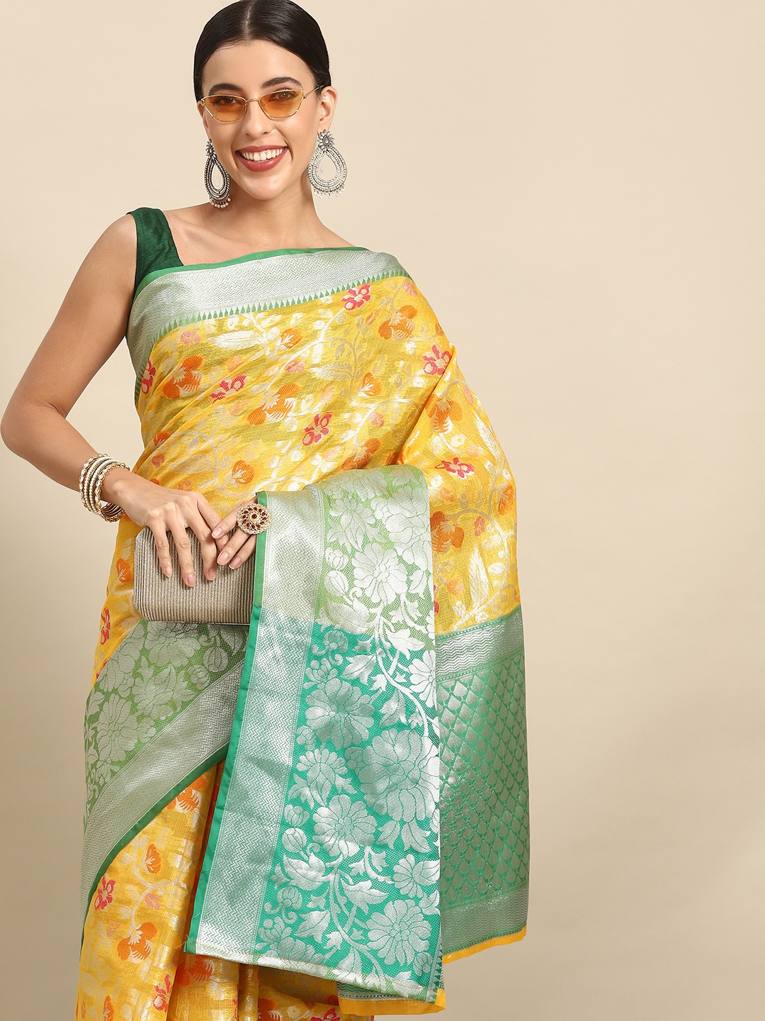 

Silk Land Floral Zari Brocade Mysore Silk Saree, Yellow