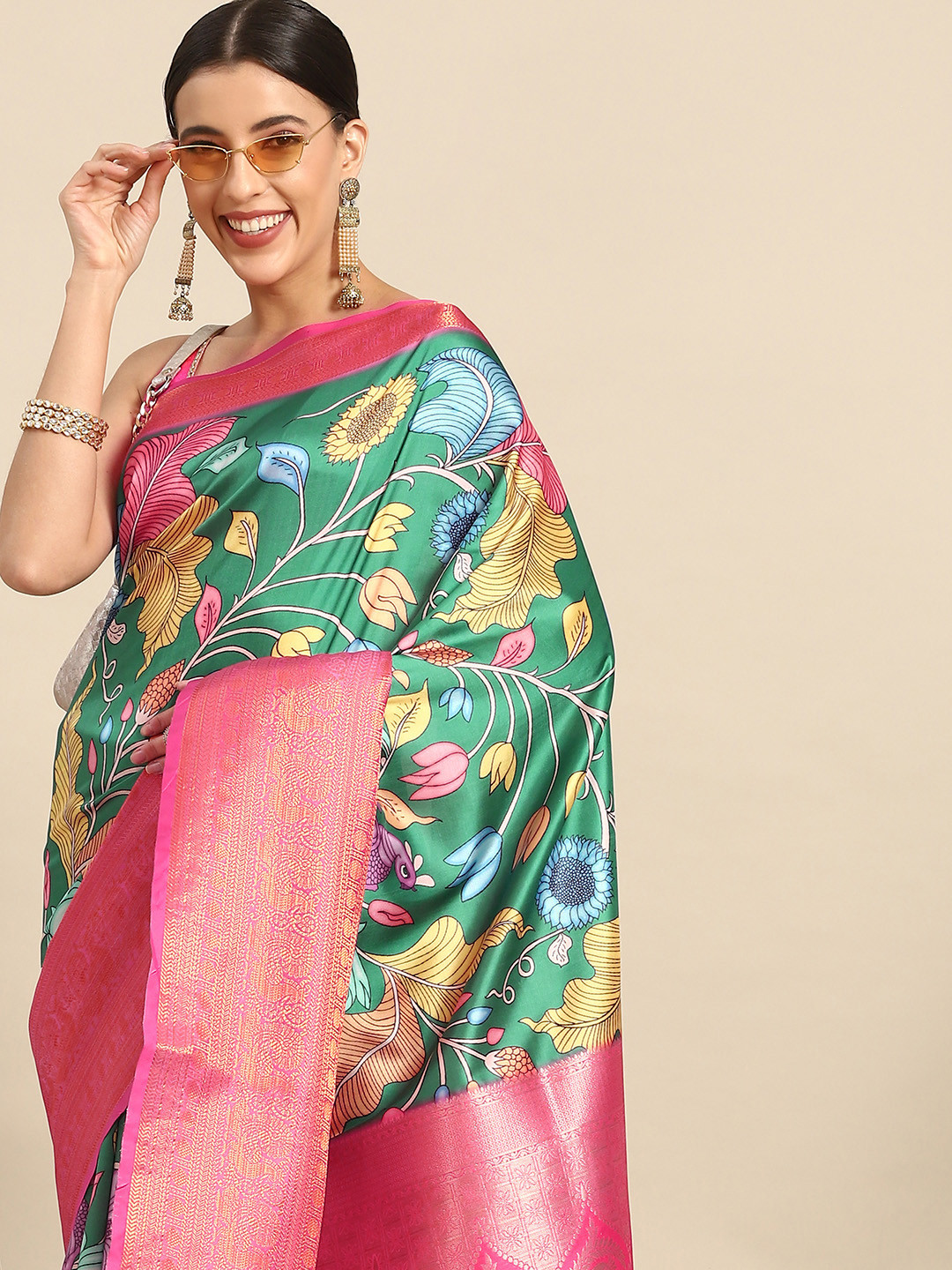 

Silk Land Kalamkari Kanjeewaram Art Silk Zari Woven Digital Print saree, Green