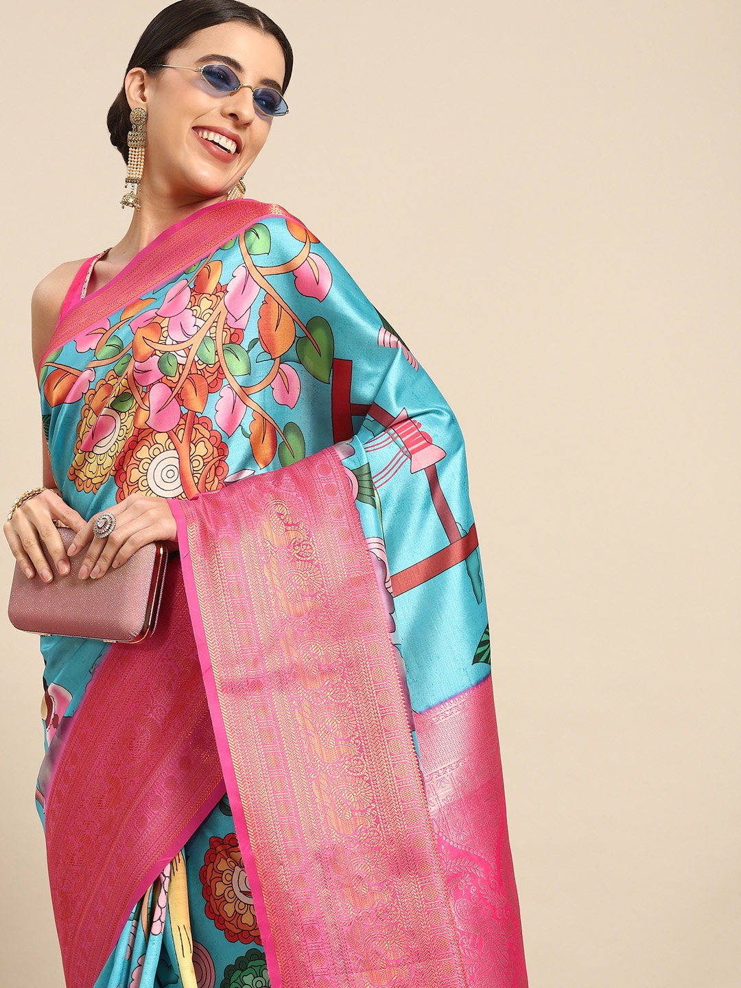 

Silk Land Kalamkari Kanjeewaram Art Silk Zari Woven Digital Print saree, Blue