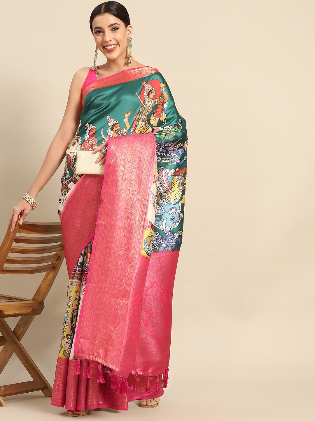 

Silk Land Kalamkari Zari Art Silk Banarasi Saree, Teal