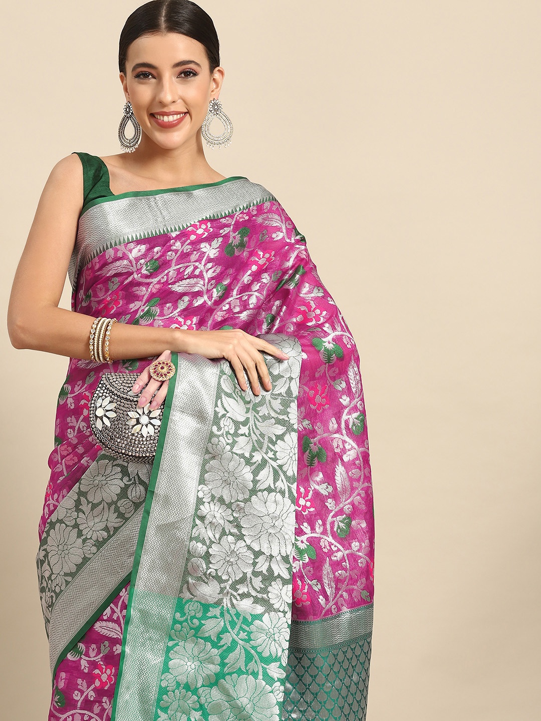 

Silk Land Floral Zari Brocade Mysore Silk Saree, Magenta