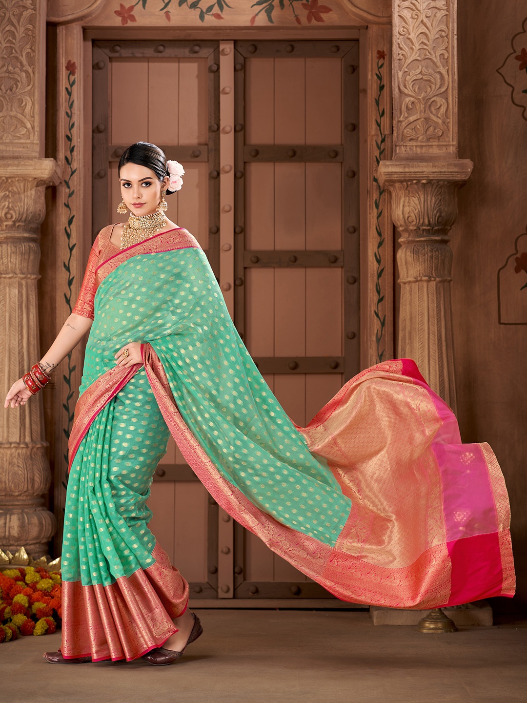 

Silk Land Ethnic Motifs Zari Kanjeevaram Saree, Teal