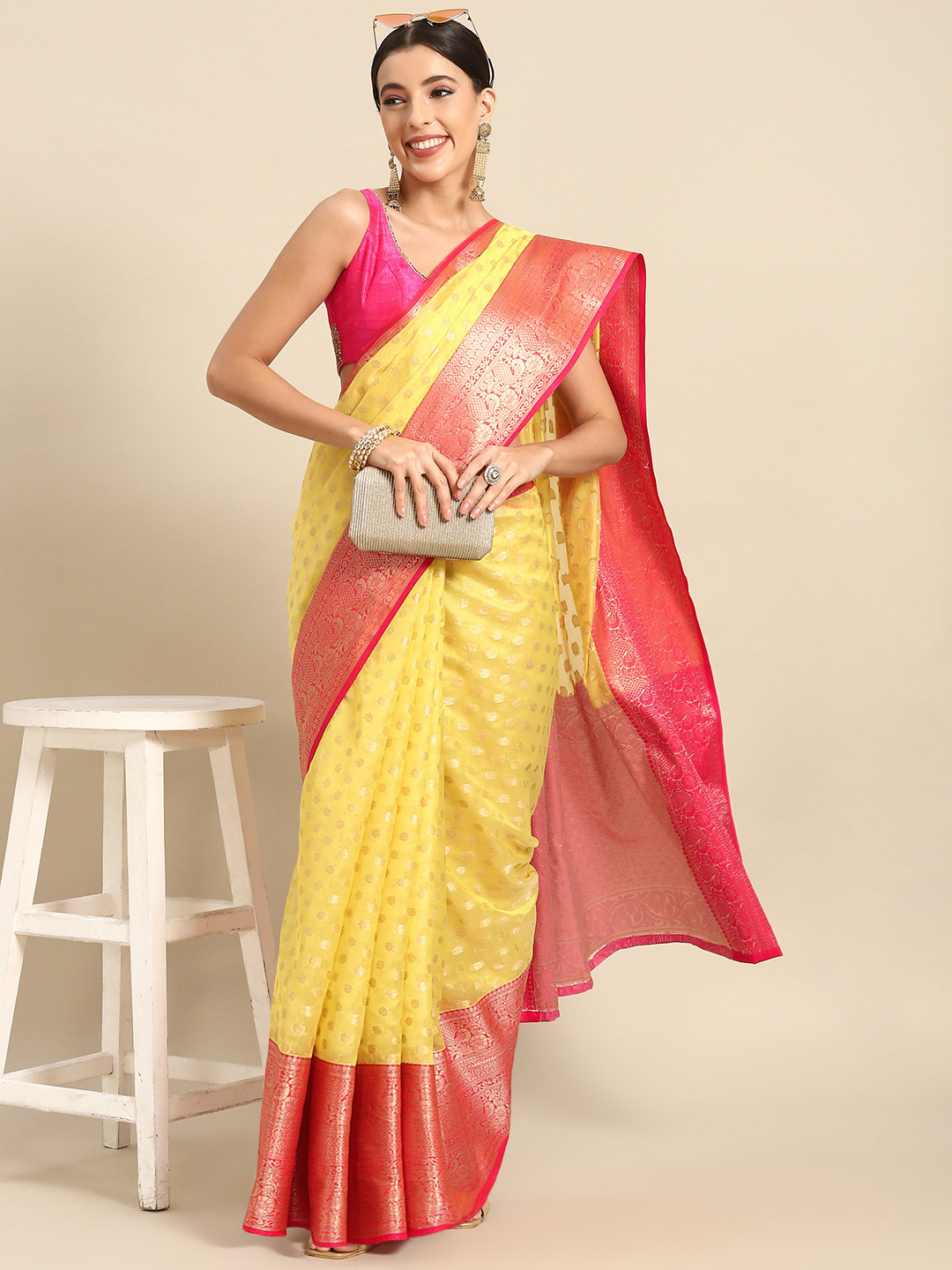 

Silk Land Ethnic Motifs Zari Kanjeevaram Saree, Yellow
