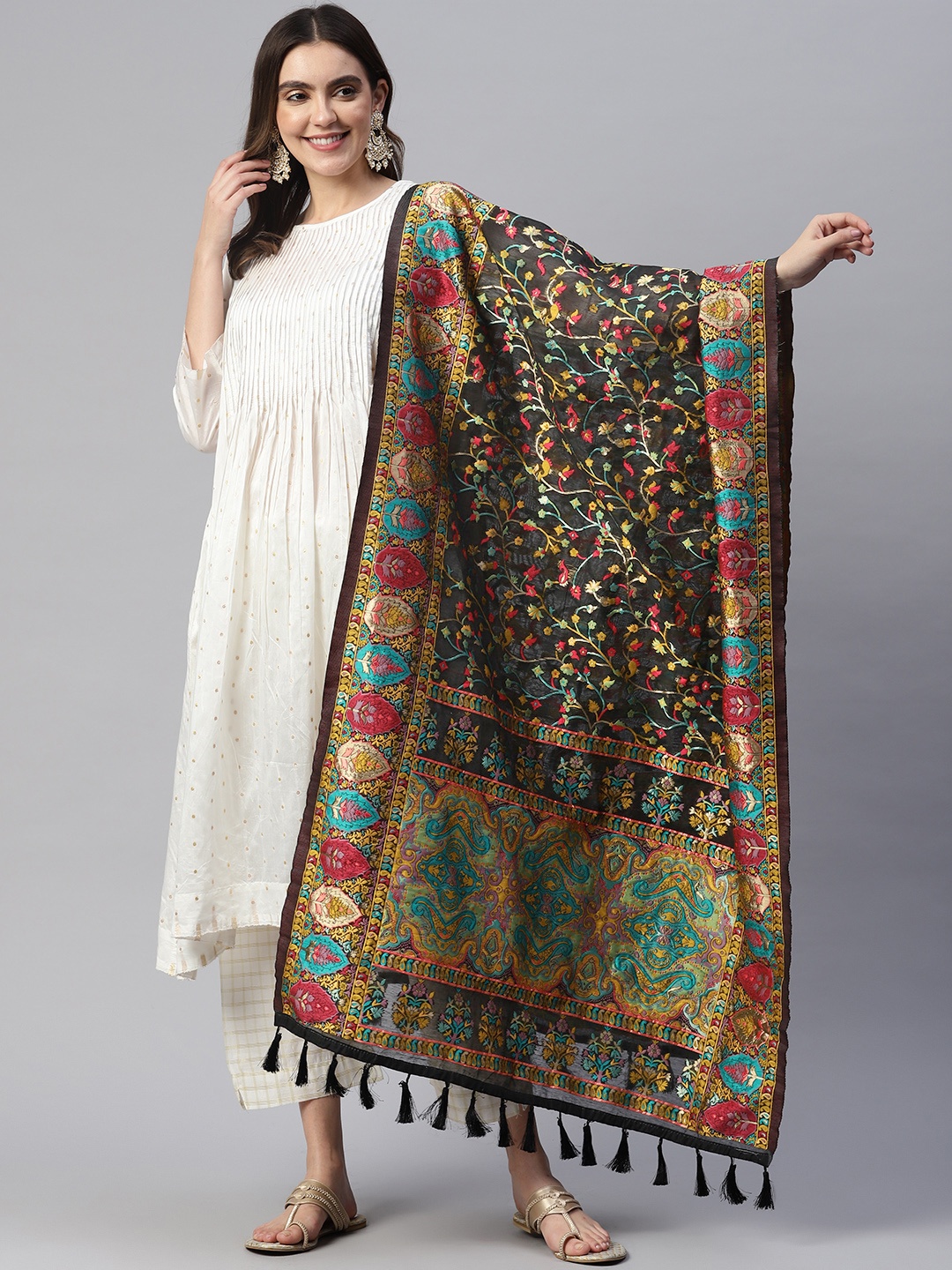 

Silk Land Embroidered Dupatta With Zari, Black