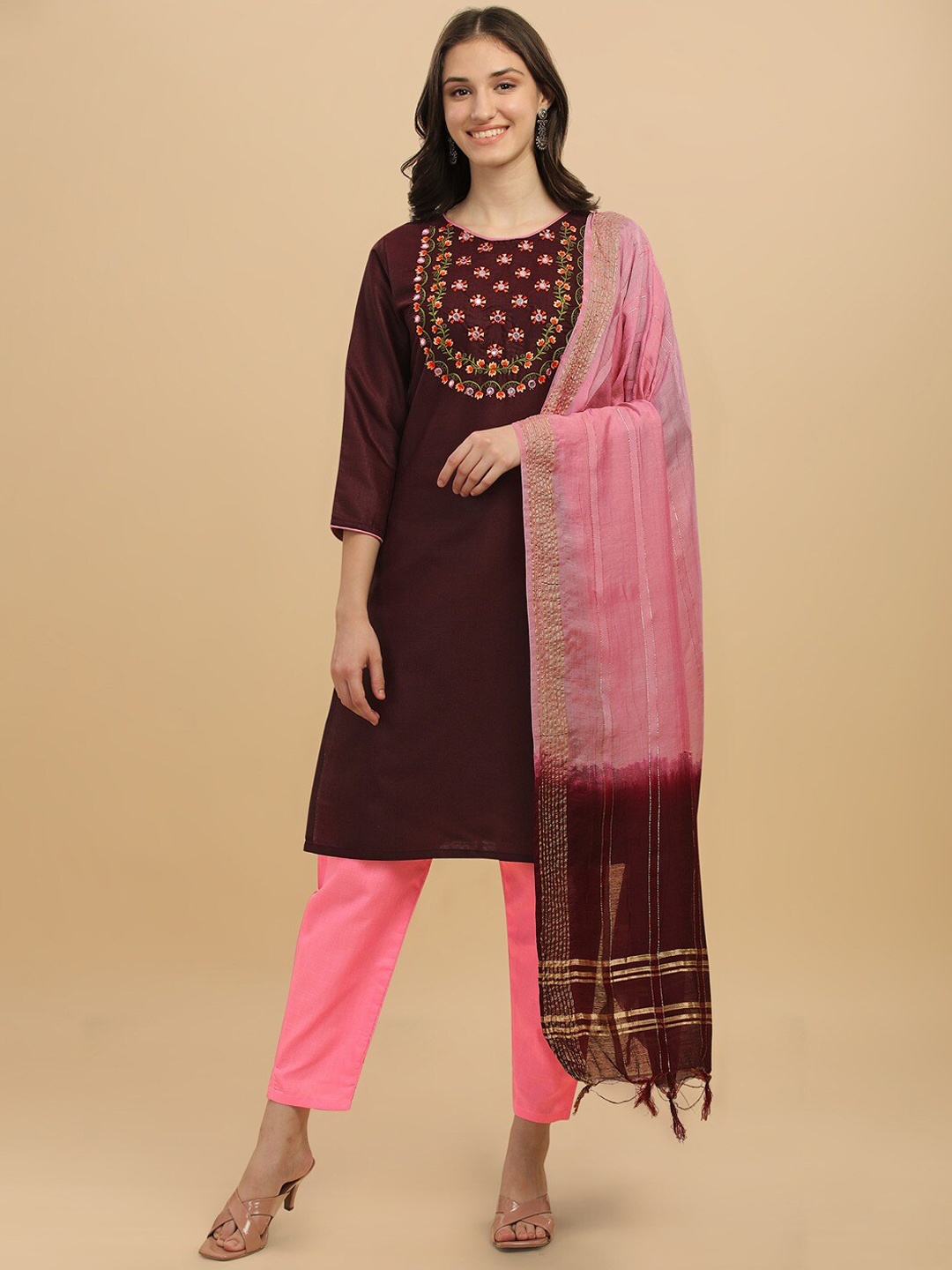 

Angroop Women Floral Yoke Design Mirror Work Kurta with Trousers & Dupatta, Maroon