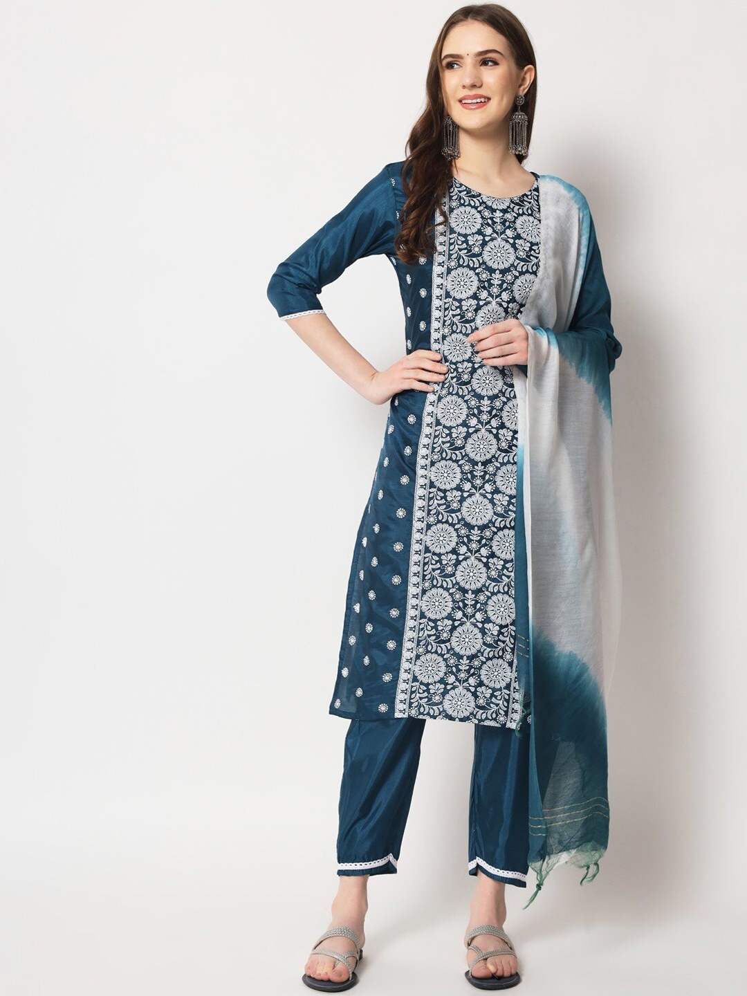 

Angroop Floral Embroidered Kurta with Trousers & Dupatta, Teal