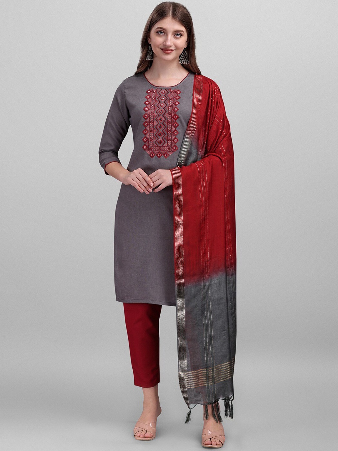 

Angroop Women Ethnic Motifs Embroidered Mirror Work Kurta with Trousers & With Dupatta, Grey
