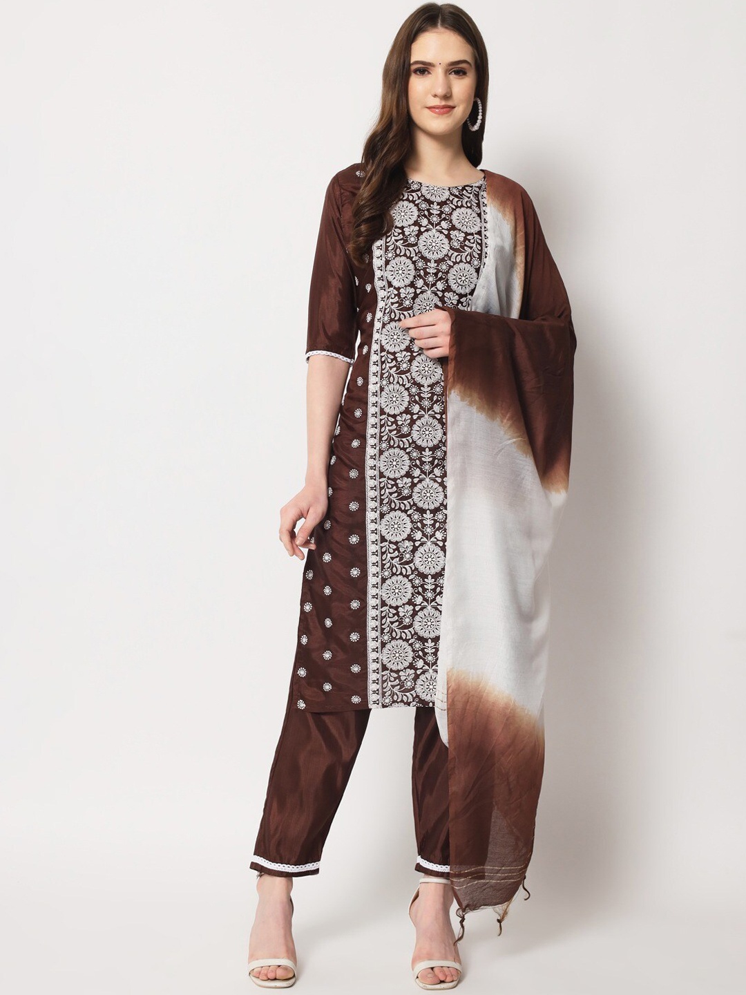 

Angroop Women Floral Embroidered Round Neck Thread Work Kurta with Trousers & Dupatta, Brown