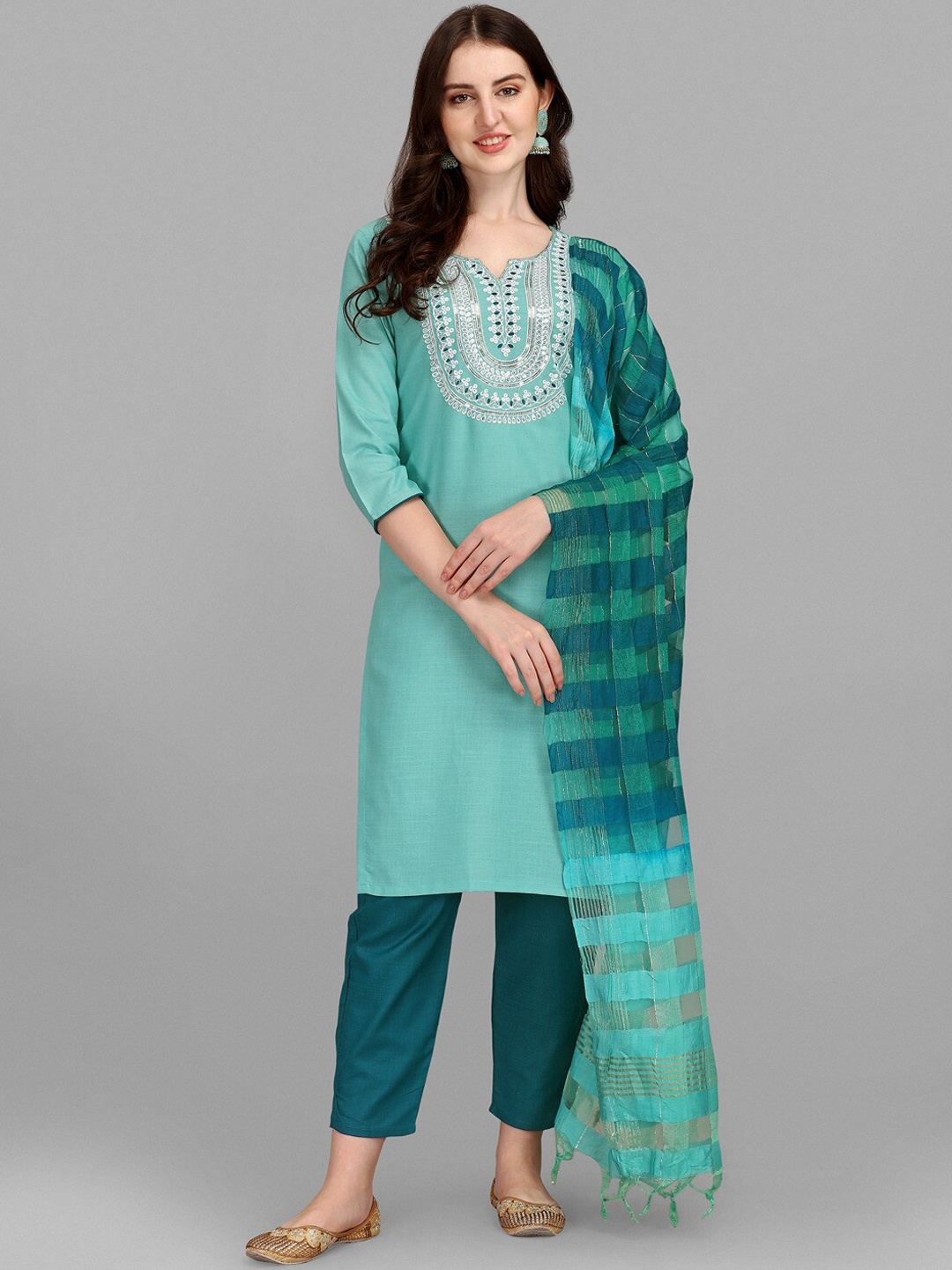 

Angroop Women Embroidered Round Neck Kurta with Trousers & Dupatta, Turquoise blue