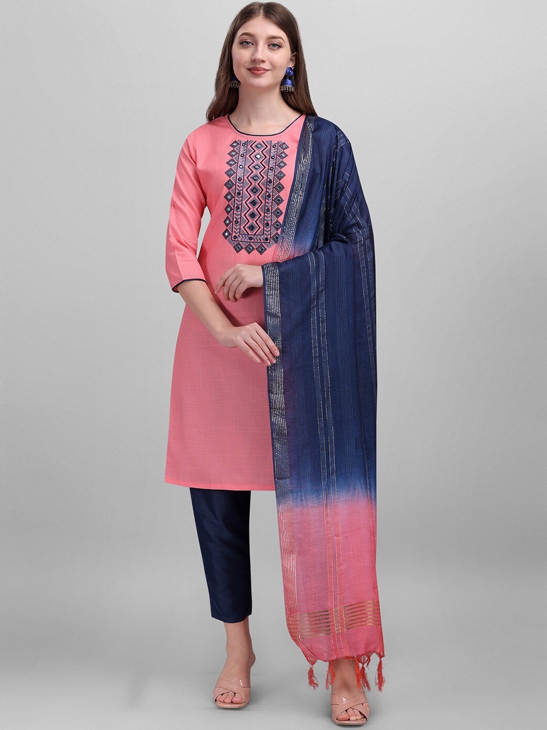 

Angroop Ethnic Motifs Embroidered Mirror Work Kurta with Trousers & Dupatta, Pink