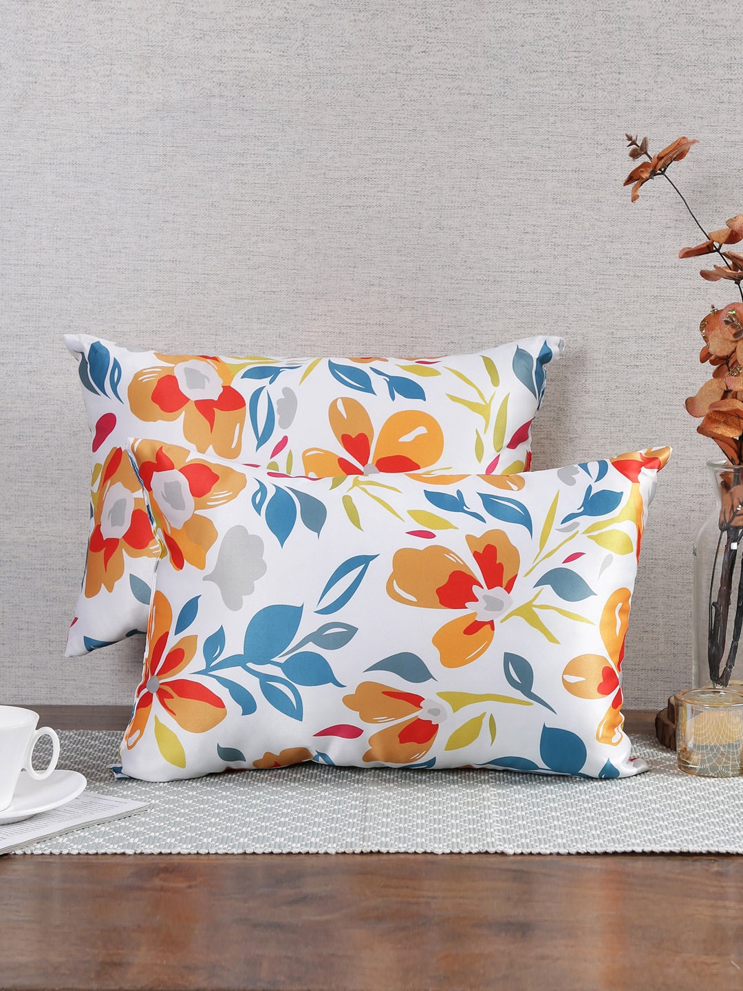 

Emerald White & Orange 2 Piece Floral Printed Cushions