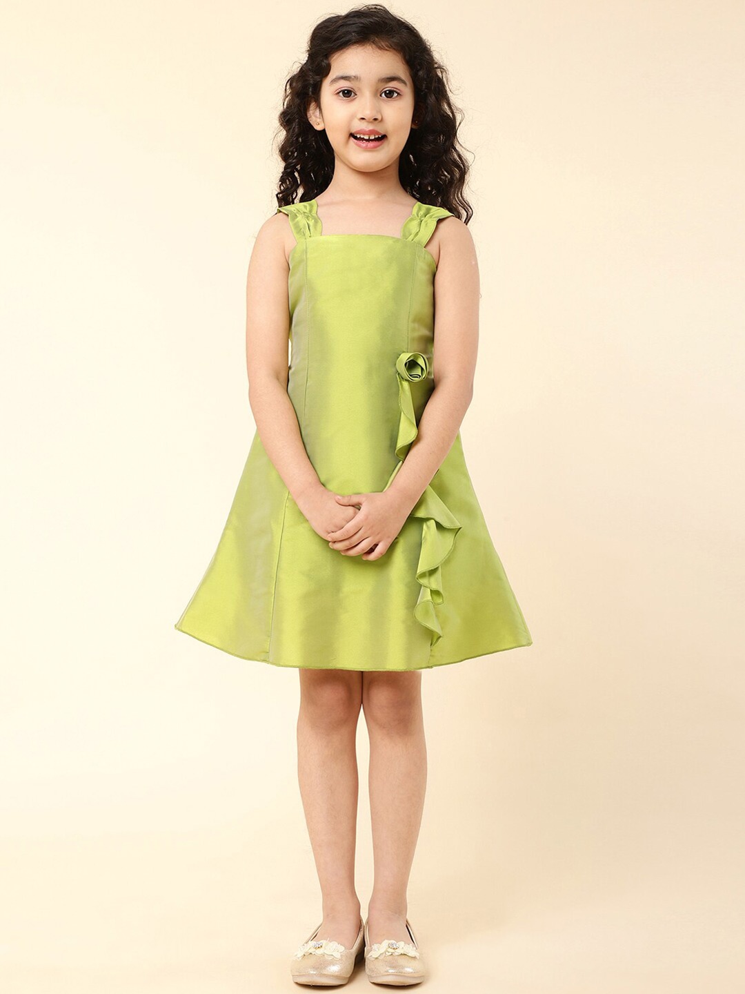 

A.T.U.N. Girls Bow Detailed Sleeveless A-Line Dress, Lime green