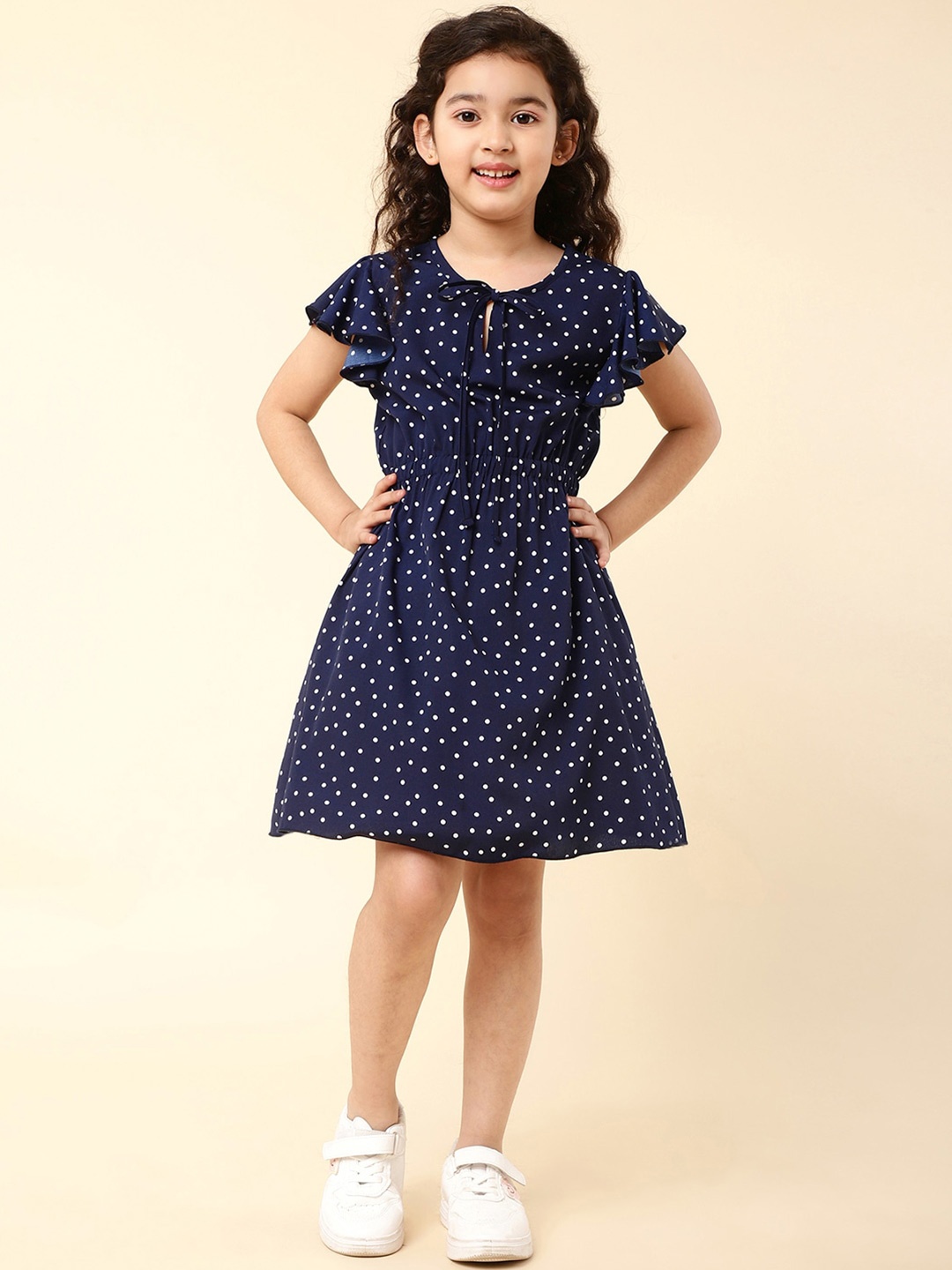 

A.T.U.N. Girls Polka Dots Printed Gathered Detailed Tie-Up Neck Crepe Fit & Flare Dress, Navy blue