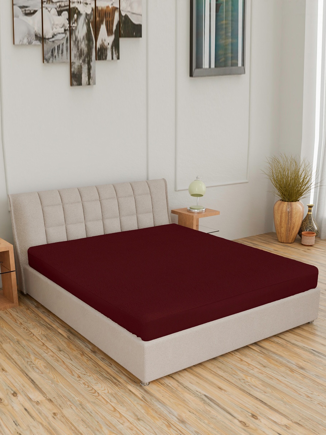 

CURIOUS LIFESTYLE Maroon Water Proof Terry Cotton Queen Size Mattress Protector