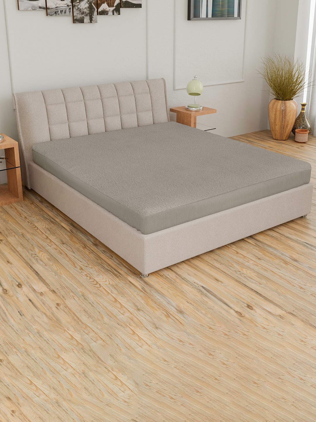 

CURIOUS LIFESTYLE Grey Water Proof Terry Cotton Queen Size Mattress Protector