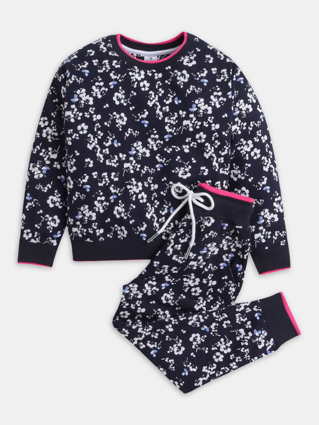 

Hopscotch Girls Printed Cotton T-shirt with Pyjamas Set, Navy blue