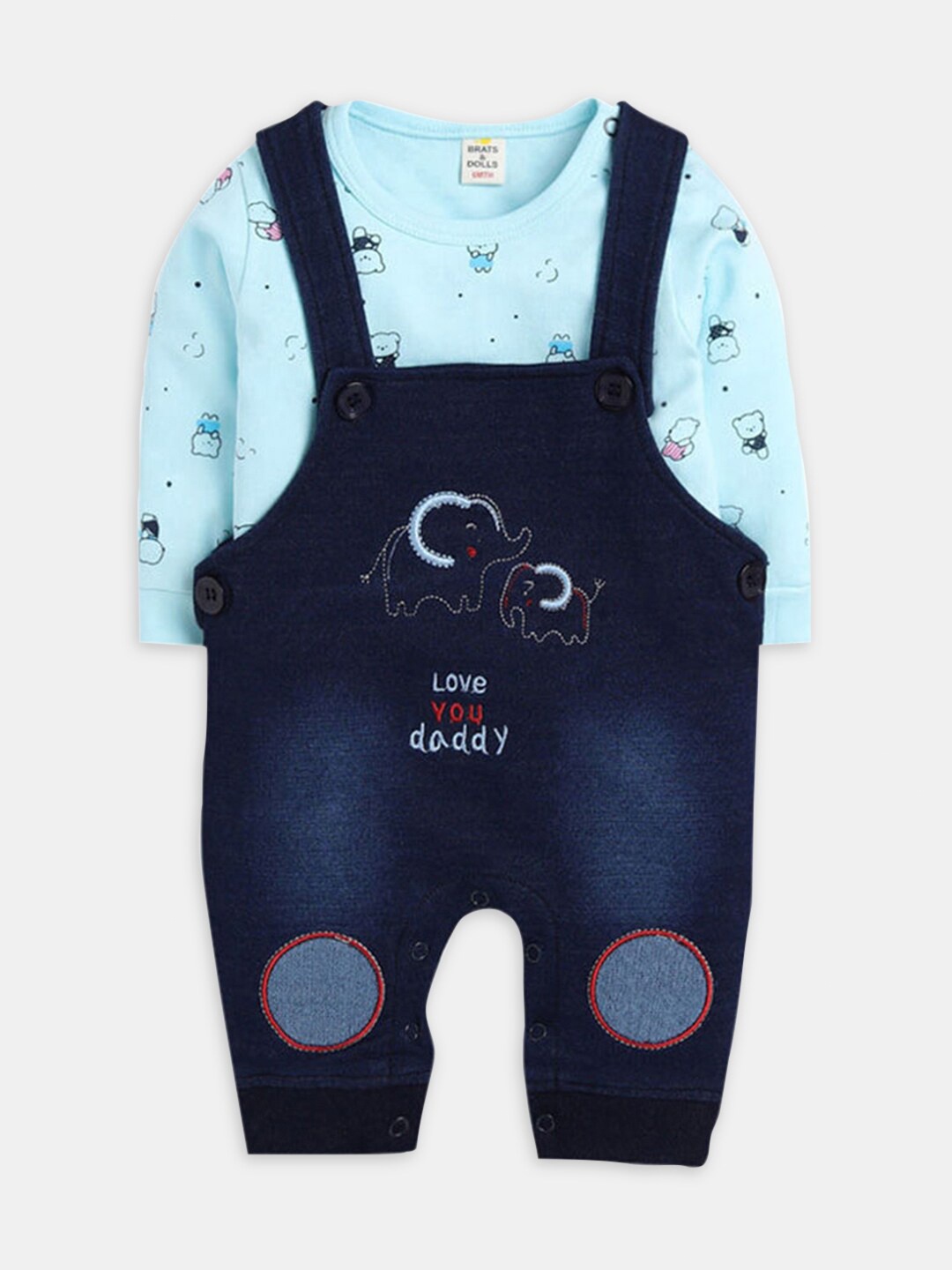 

Hopscotch Girls Printed Cotton T-shirt with Dungaree, Blue