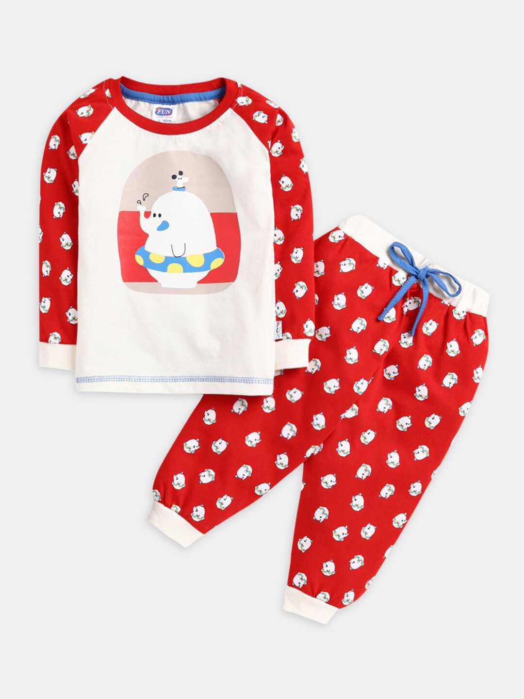 

Hopscotch Boys Printed Cotton T-shirt with Pyjama Set, Red