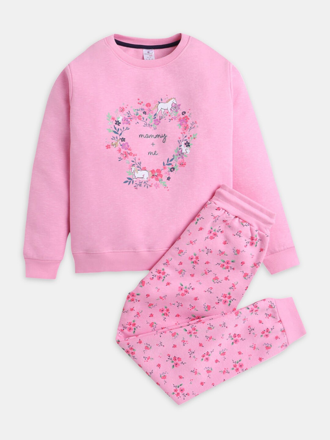 

Hopscotch Girls Printed Pure Cotton Sweatshirt With Jogger, Pink