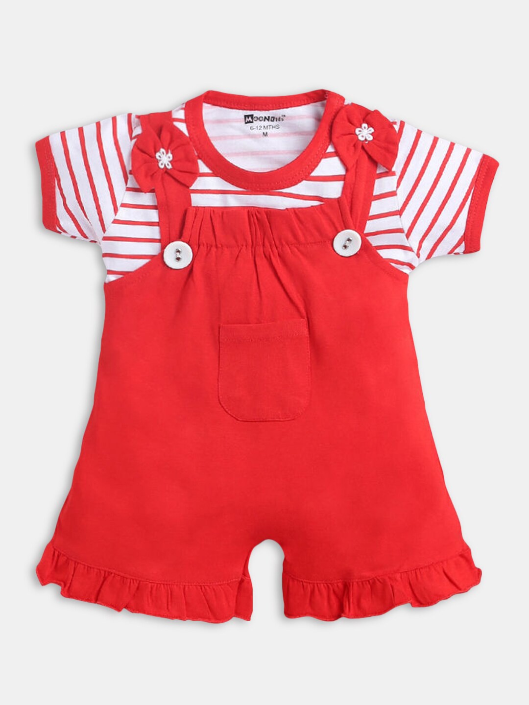 

Hopscotch Girls Striped Pure Cotton T-shirt with Shorts, Red
