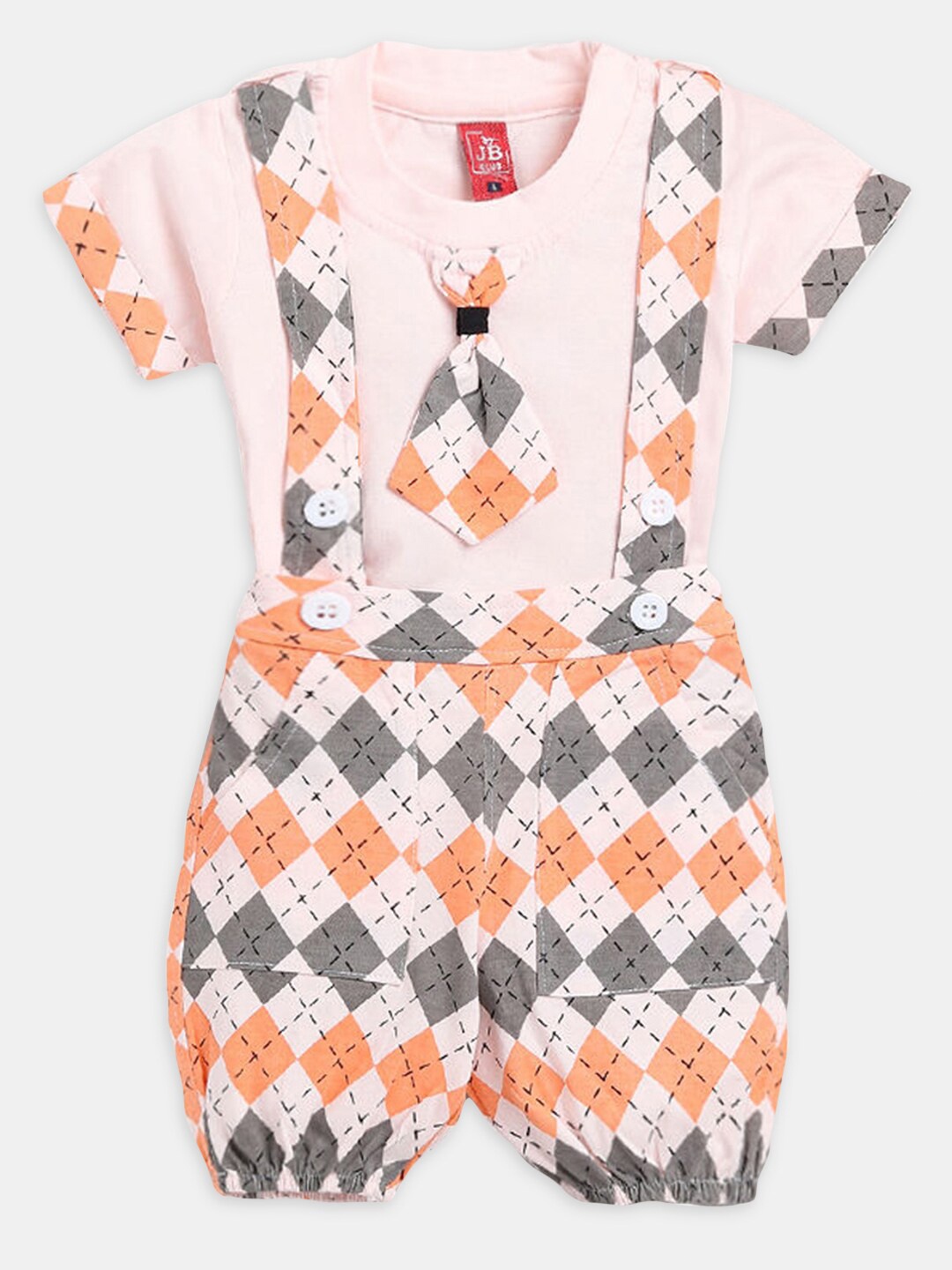 

Hopscotch Boys Printed Cotton T-shirt With Dungaree, Peach