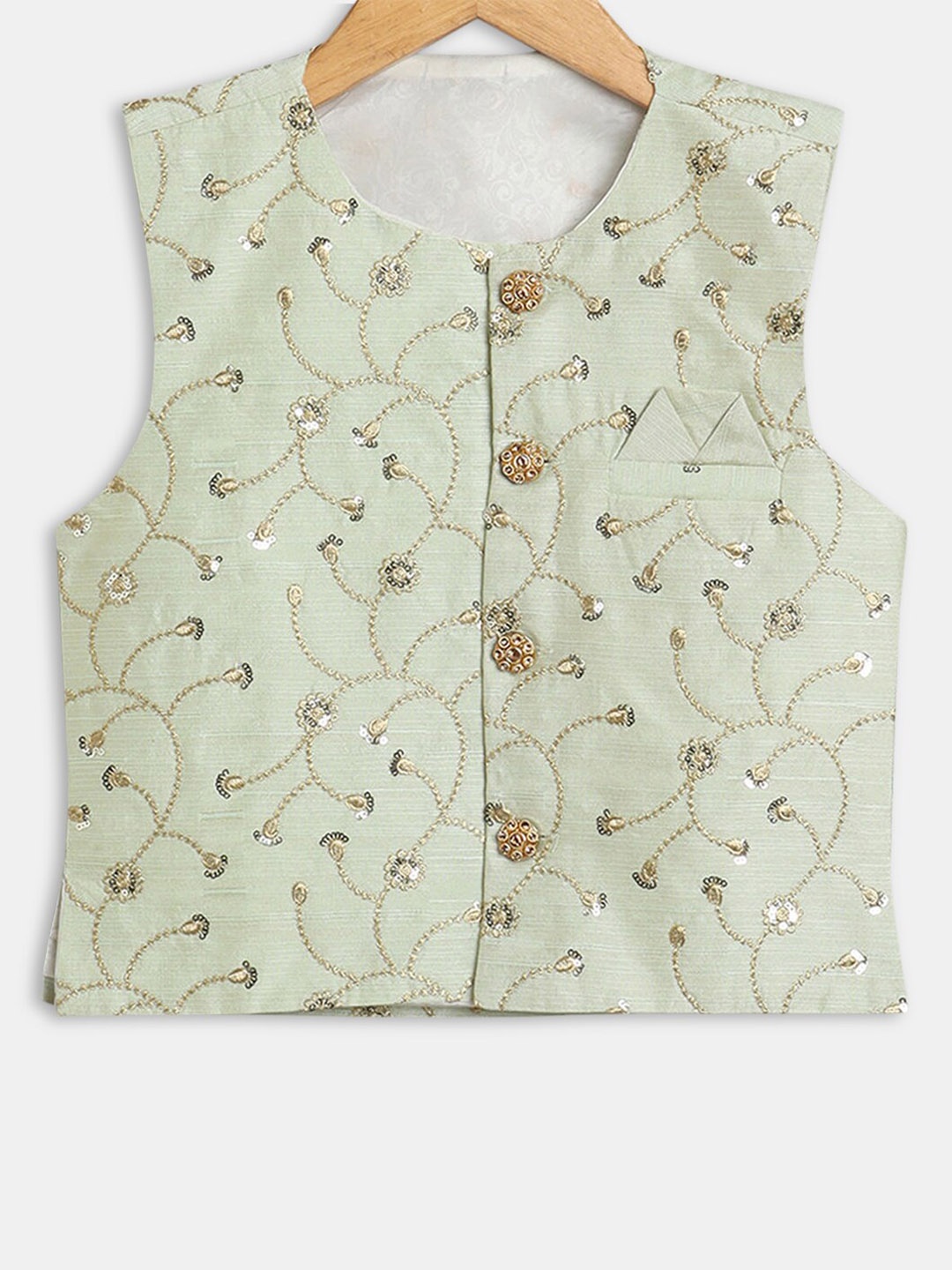 

Hopscotch Boys Embellished Sleeveless Pure Cotton Waistcoat, Green