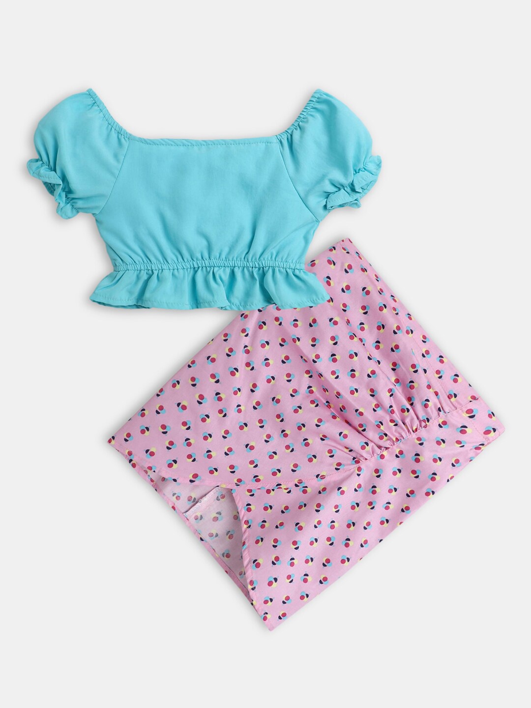 

Hopscotch Girls Printed Pure Cotton Top With Skirt, Blue