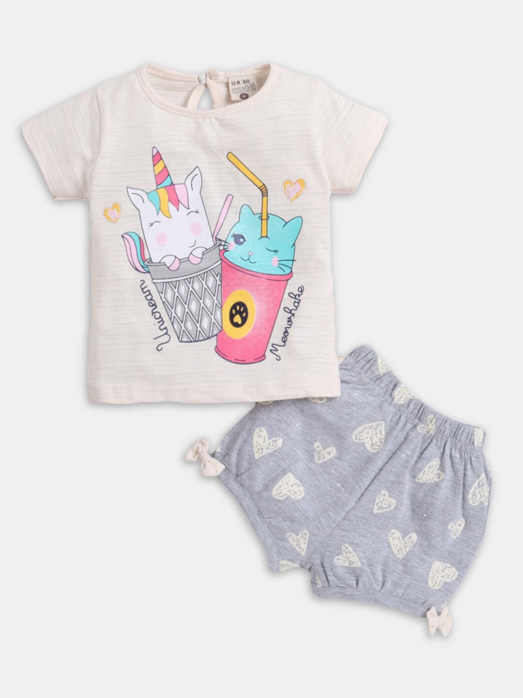 

Hopscotch Girls Printed Pure Cotton T-shirt With Shorts, Grey