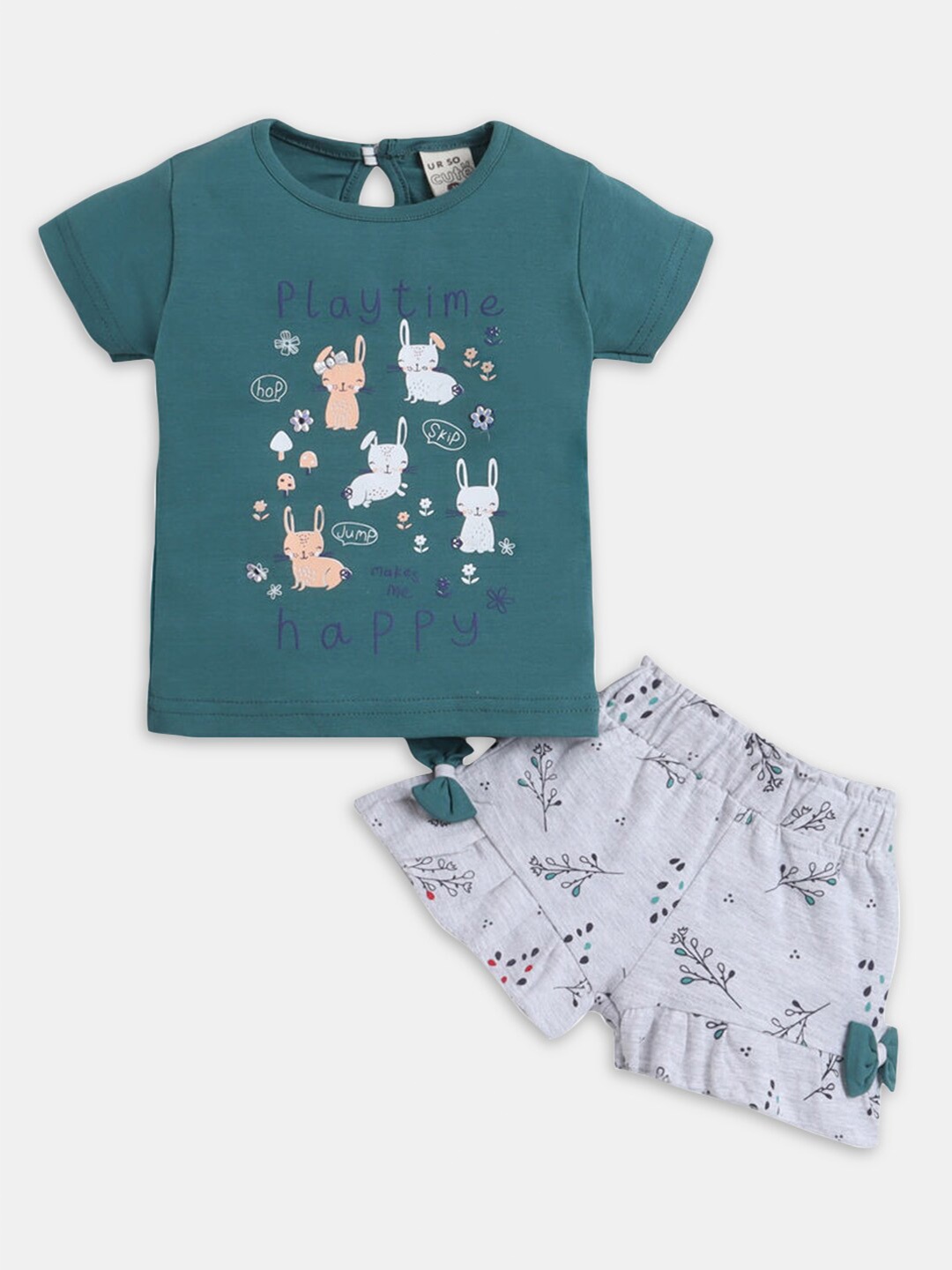 

Hopscotch Girls Printed Pure Cotton T-shirt With Shorts, Green