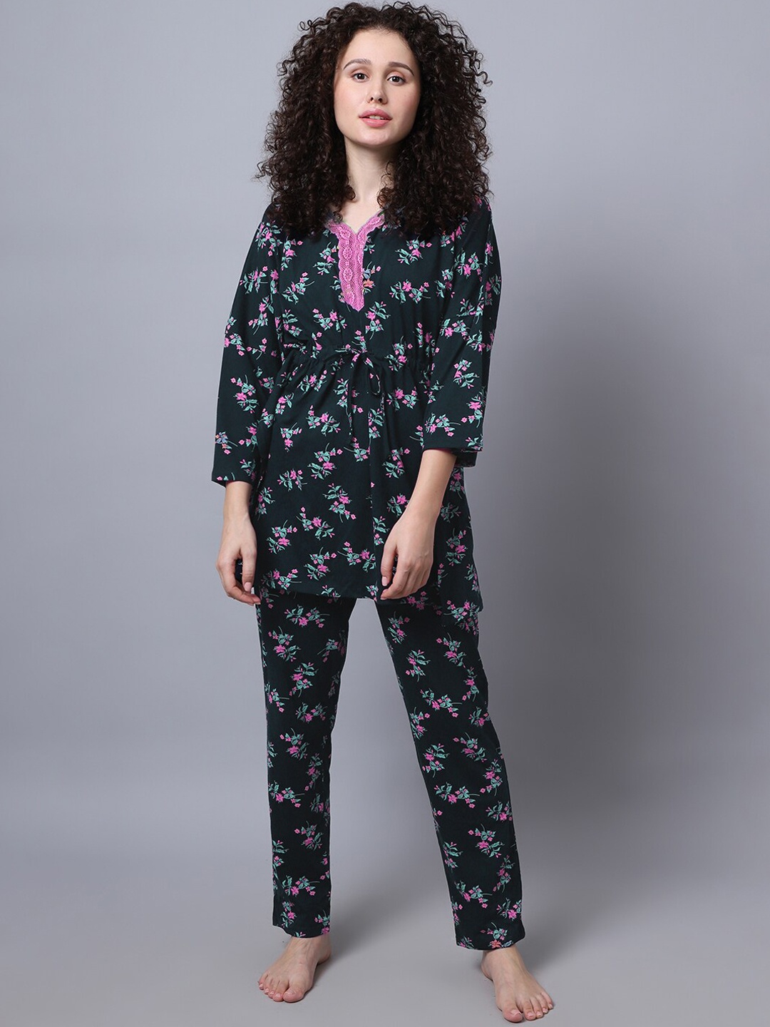 

Aerowarm Women 2 Pieces Floral Printed Pure Cotton Night Suit, Teal