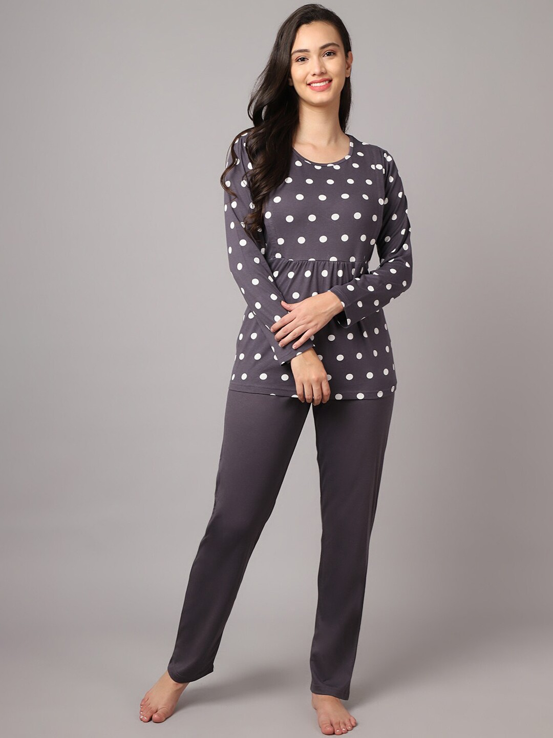 

Aerowarm Women 2 Pieces Polka Dots Printed Pure Cotton Night Suit, Grey