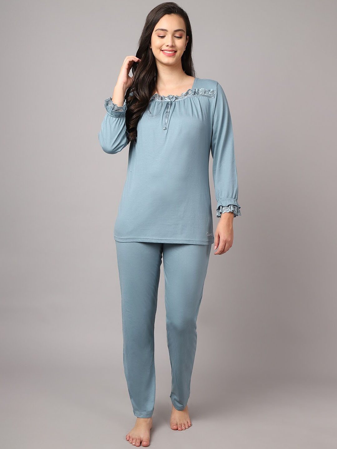 

Aerowarm Women 2 Pieces Pure Cotton Night Suit, Blue