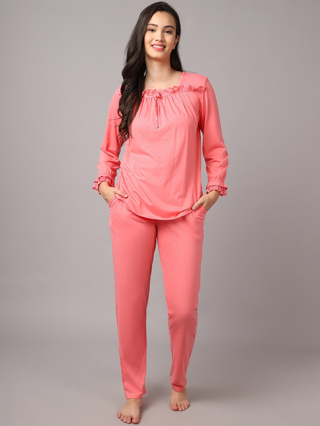 

Aerowarm Women 2 Pieces Pure Cotton Night Suit, Peach