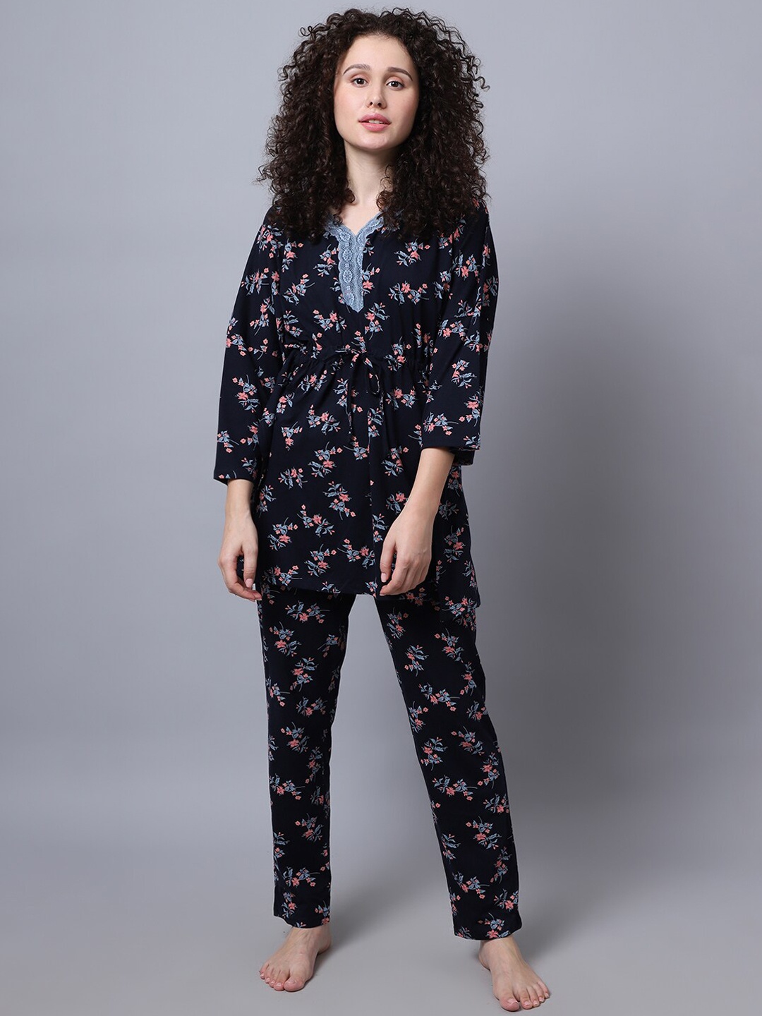 

Aerowarm Women 2 Pieces Floral Printed Pure Cotton Night Suit, Navy blue